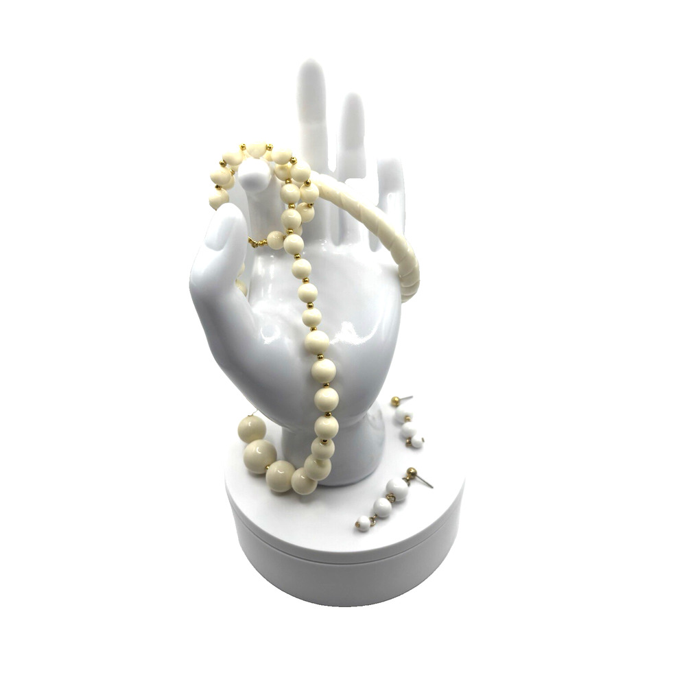 Vintage Plastic Beads Necklace Earrings & Bangle Cream Gold Tone‎ J1-3028 - Picture 2 of 7